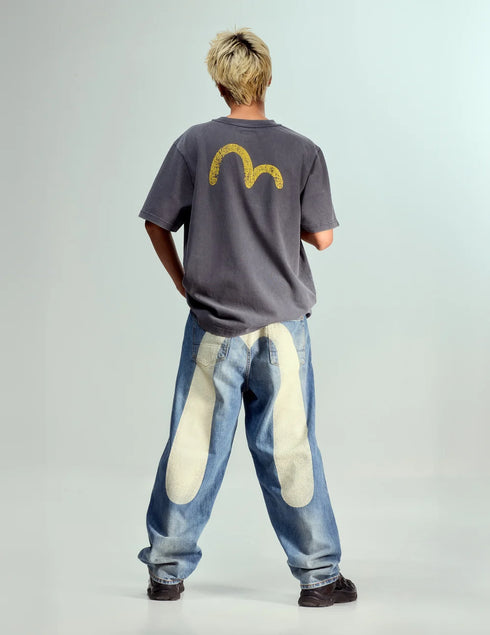 EVISU Ecru Daicock Print Loose Fit Jeans #2038 Men’s Apparel