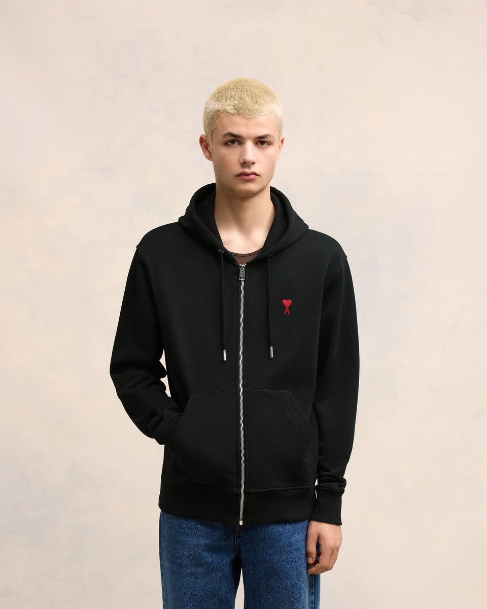 AMI｜HOOD/ZIP-UP (BFUSW435 730 001) Black Red Ami De Coeur Zipped Hoodie | AMI PARIS