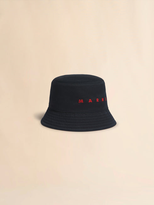 MARNI Black organic gabardine bucket hat with embroidered logo Accessories