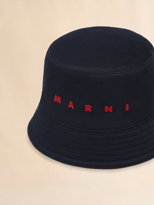 MARNI Black organic gabardine bucket hat with embroidered logo Accessories