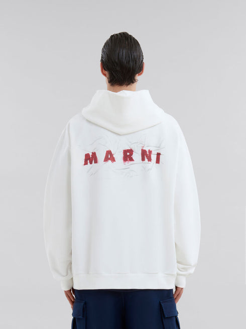 MARNI White organic cotton hoodie with wrinkled Marni logo Mens Apparel