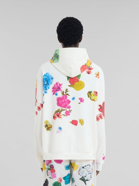 MARNI White cotton hoodie with flower prints Mens Apparel