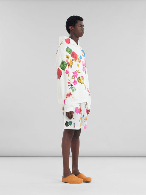 MARNI White cotton hoodie with flower prints Mens Apparel