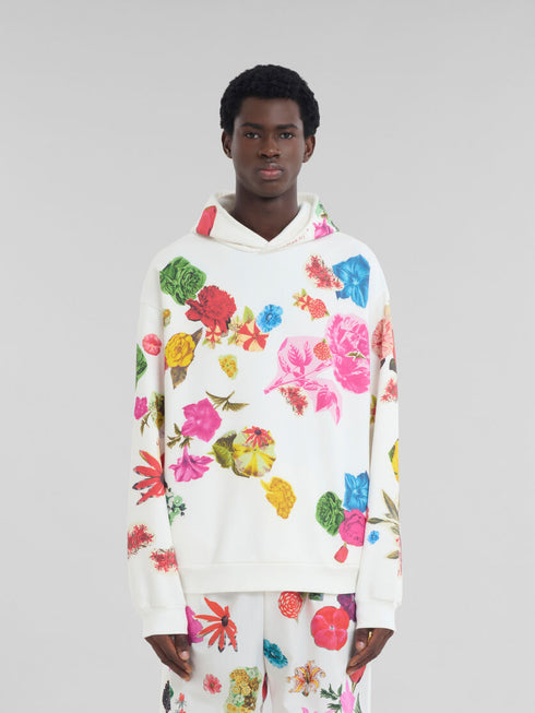 MARNI White cotton hoodie with flower prints Mens Apparel