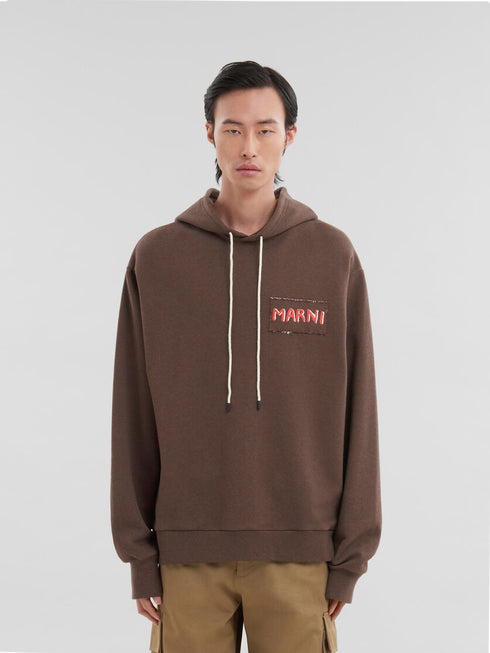 MARNI Brown melange cotton hoodie with Marni patch Mens Apparel