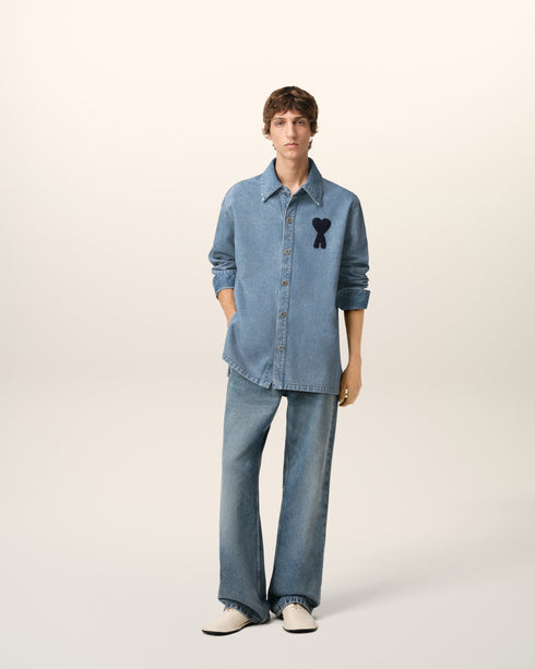 AMI PARIS Blue Cotton Ami de Coeur Overshirt Mens Apparel