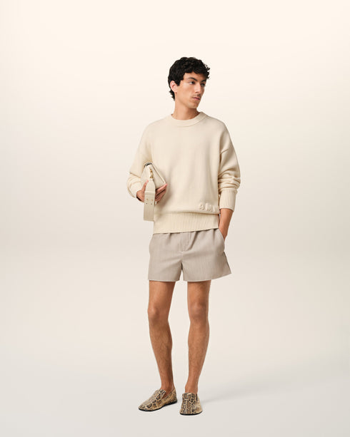 AMI PARIS Beige Cotton Ami Embroidered Crewneck Sweater Mens Apparel