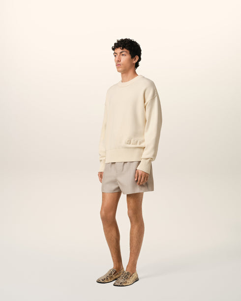 AMI PARIS Beige Cotton Ami Embroidered Crewneck Sweater Mens Apparel