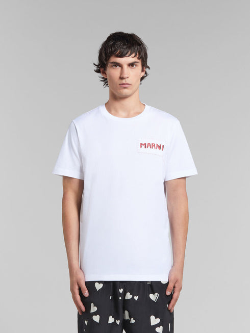 MARNI White organic cotton T-shirt with Marni patch Mens Apparel