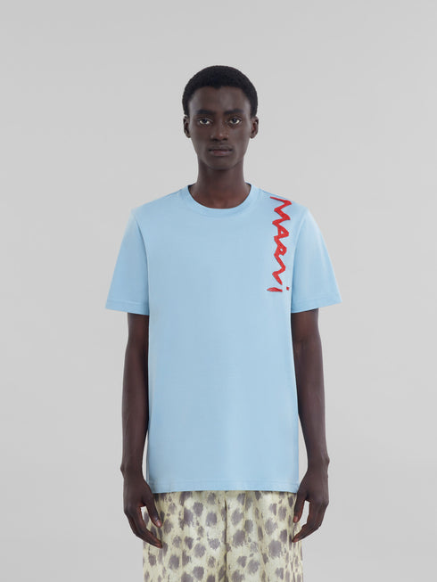 MARNI Light blue organic cotton T-shirt with Marni Mending logo Mens Apparel