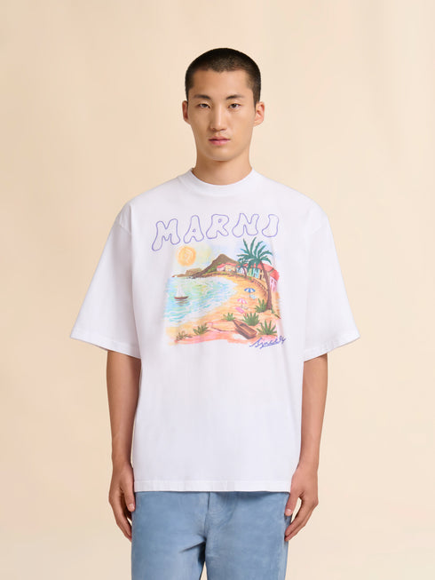 MARNI White cotton T-shirt with Marni Beach postcard print Men's Apparel