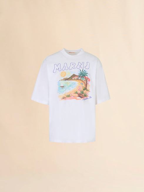 MARNI White cotton T-shirt with Marni Beach postcard print Men's Apparel