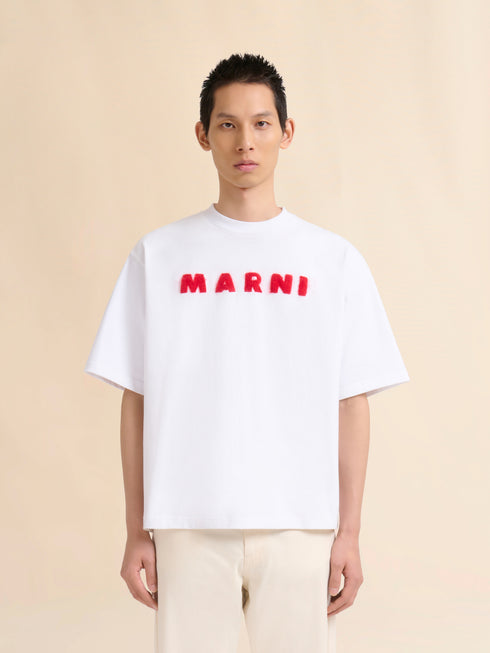 MARNI White cotton T-shirt with mohair patches Mens Apparel