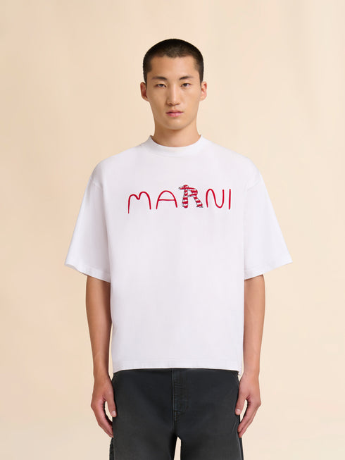 MARNI White cotton T-shirt with flocked Marni Animal Alphabet logo Men's Apparel