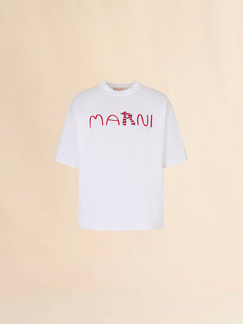 MARNI White cotton T-shirt with flocked Marni Animal Alphabet logo Men's Apparel