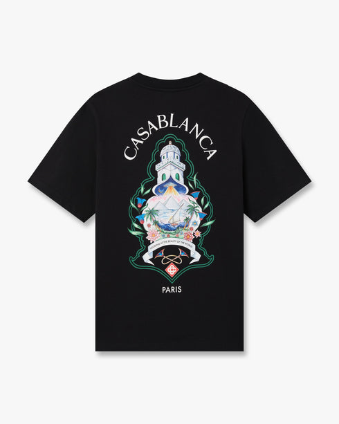 CASABLANCA Black Hotel Emblem Short Sleeve T‑Shirt Men's Apparel