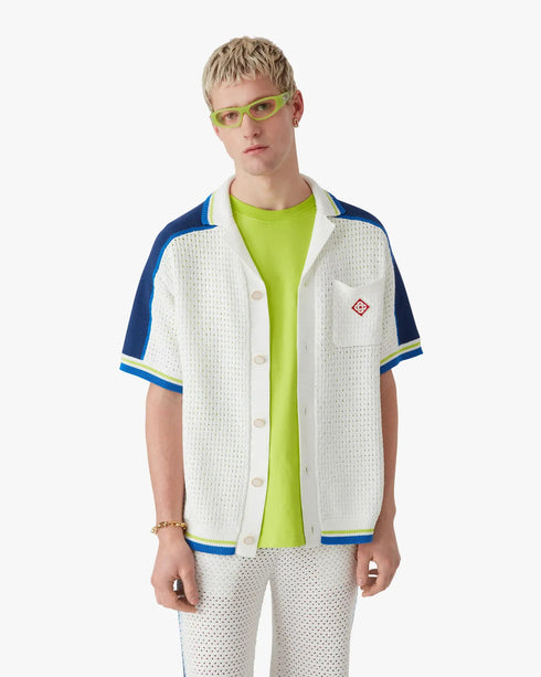 CASABLANCA White & Blue Short Sleeve Crochet Shirt Men's Apparel