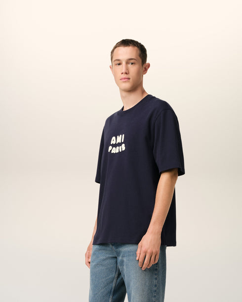 AMI PARIS Navy Cotton Ami Paris Patch T-Shirt Mens Apparel