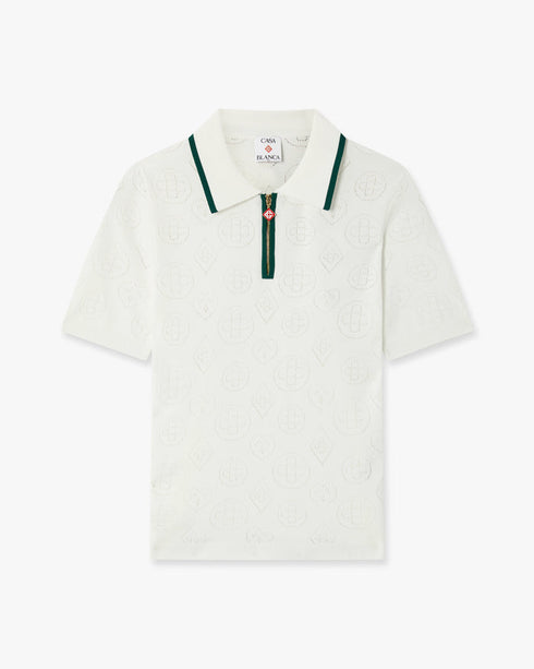 White Pointelle Monogram Cropped Polo Shirt front