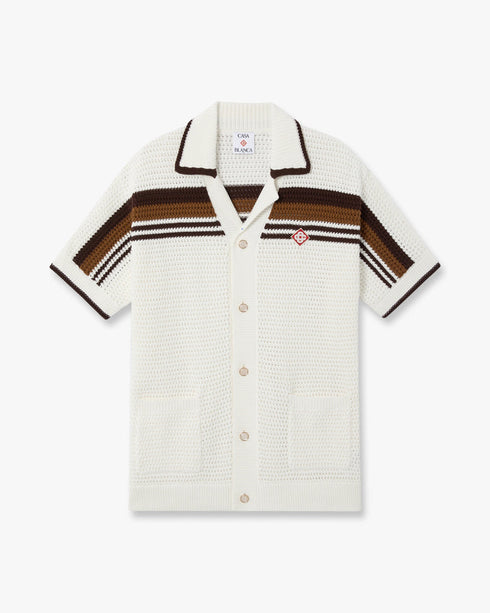 White & Brown Tennis Stripe Crochet Shirt front