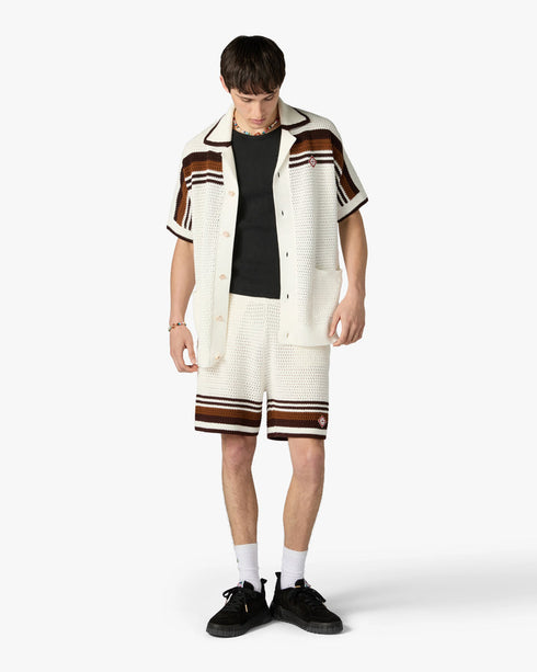 White & Brown Tennis Stripe Crochet Shorts back