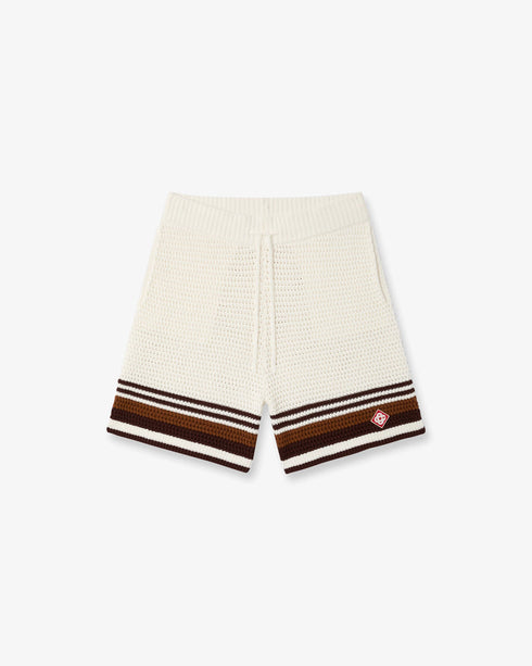 White & Brown Tennis Stripe Crochet Shorts front