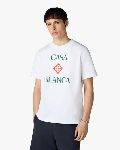 Casablanca White Diamond Logo Short Sleeve T-Shirt – model side