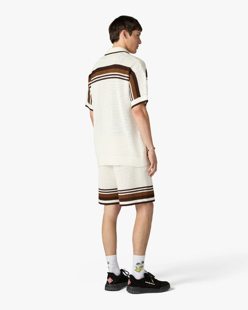 Casablanca White & Brown Tennis Stripe Crochet Shirt – model front