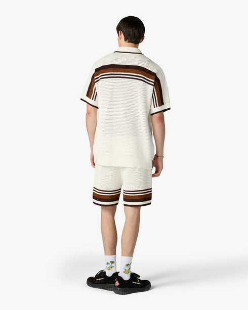 Casablanca White & Brown Tennis Stripe Crochet Shorts – model front