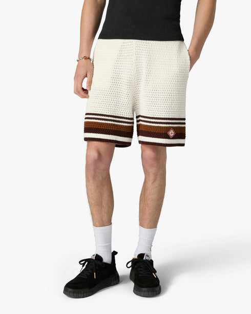Casablanca White & Brown Tennis Stripe Crochet Shorts – model side