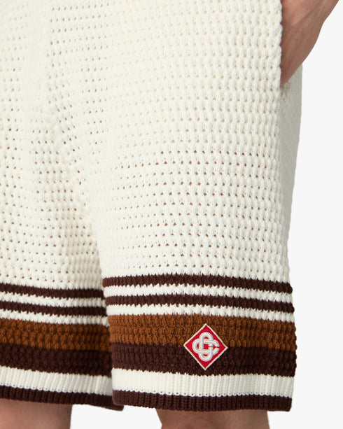 Casablanca White & Brown Tennis Stripe Crochet Shorts – model back