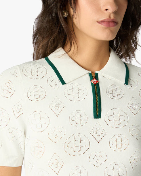 Casablanca White Pointelle Monogram Cropped Polo Shirt – model back