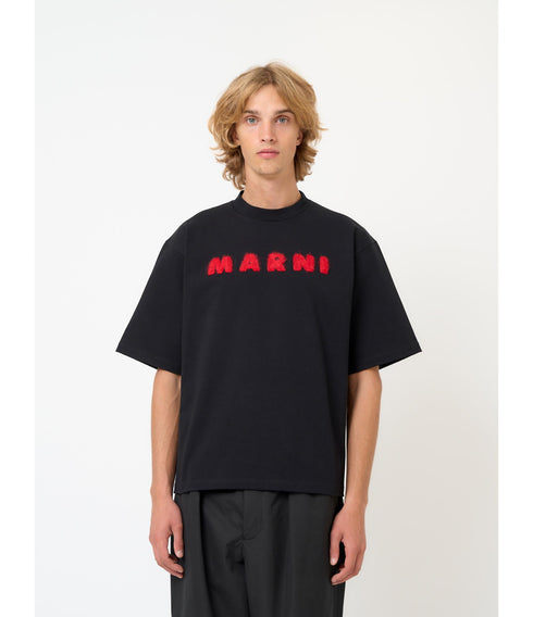 MARNI Black cotton T-shirt with mohair patches Mens Apparel