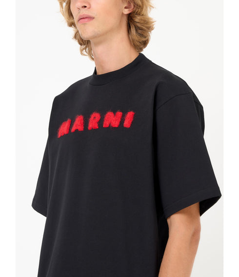 MARNI Black cotton T-shirt with mohair patches Mens Apparel
