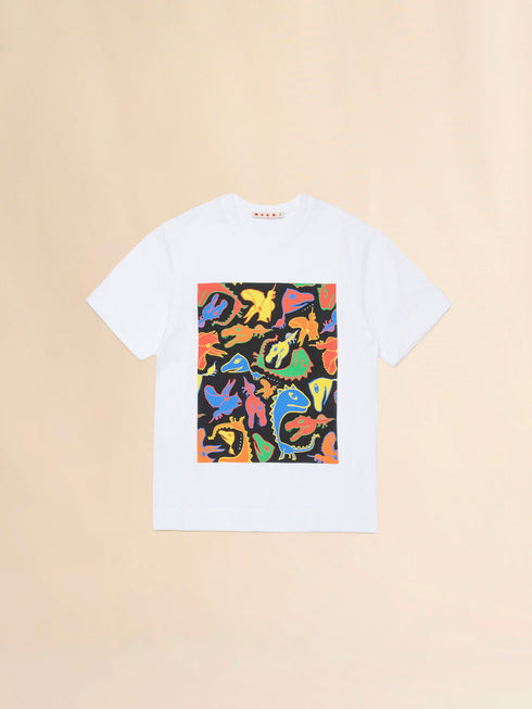 MARNI White Cotton T-shirt with Colorful Dino Print Kids Apparel