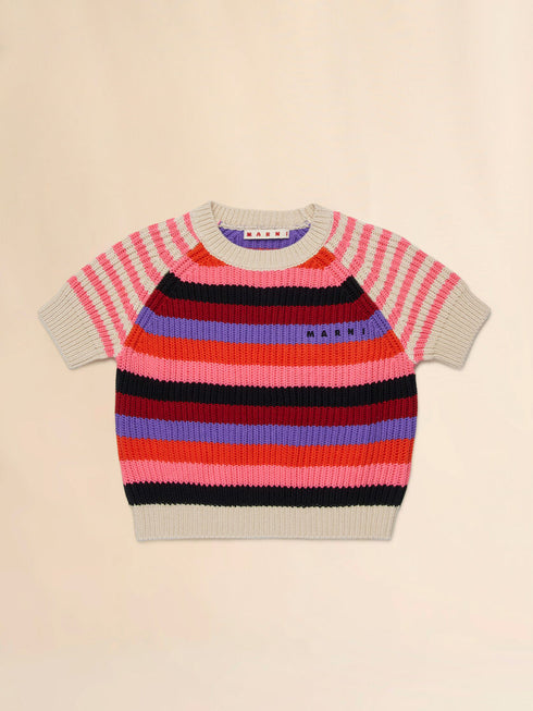 MARNI Cream Cotton Short-sleeved Sweater with Mixed Stripes Kids Apparel
