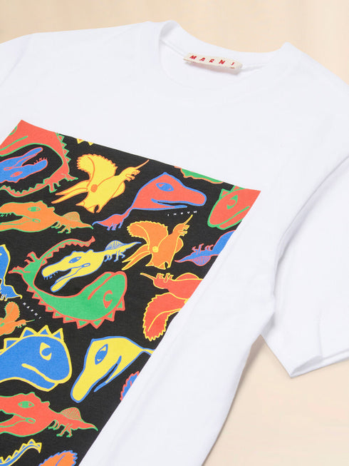MARNI White Cotton T-shirt with Colorful Dino Print Kids Apparel