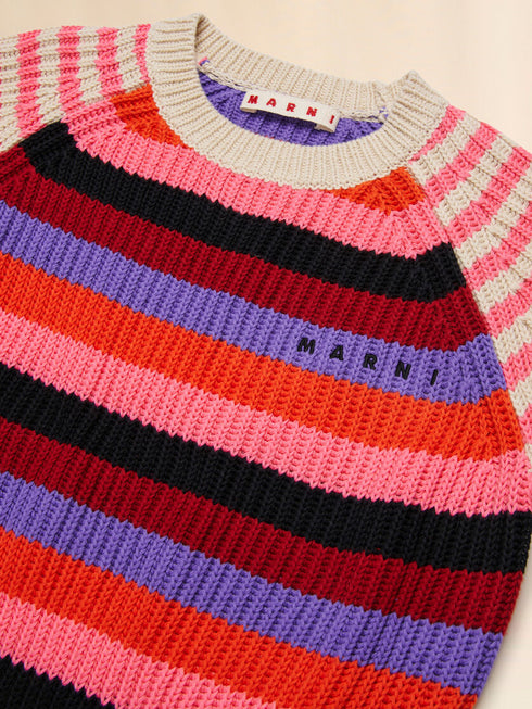 MARNI Cream Cotton Short-sleeved Sweater with Mixed Stripes Kids Apparel