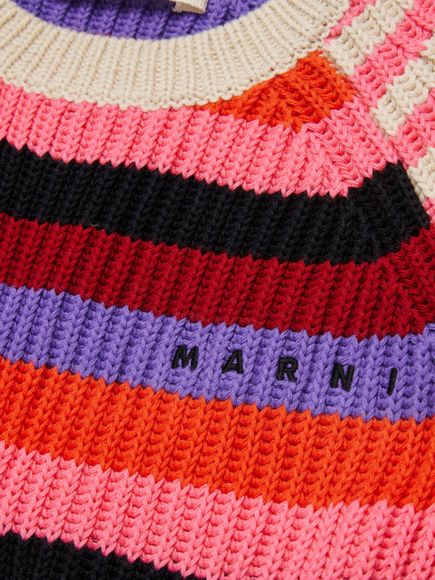 MARNI Cream Cotton Short-sleeved Sweater with Mixed Stripes Kids Apparel