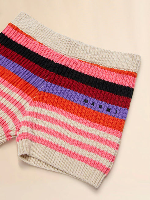 MARNI Cream Cotton Knit Shorts with Mixed Stripes Kids Apparel